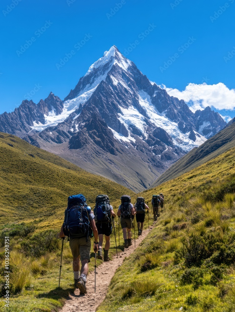A scenic mountain trail with hikers approaching a majestic snow-capped peak under a bright blue sky.