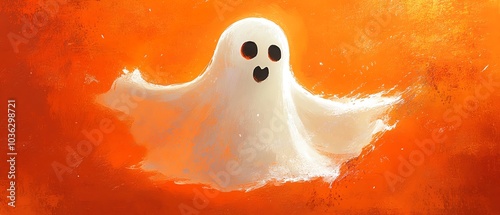 Playful cartoon ghost with an astonished expression floating in front of a bold orange background, embodying a humorous twist on traditional ghostly imagery photo