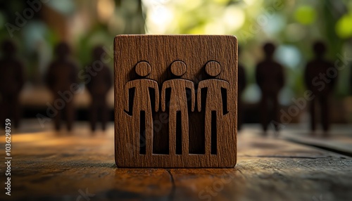 Sophisticated representation of a customer focus group icon on a wooden block, linked to human silhouettes, reflecting the integration of data development and customer care photo