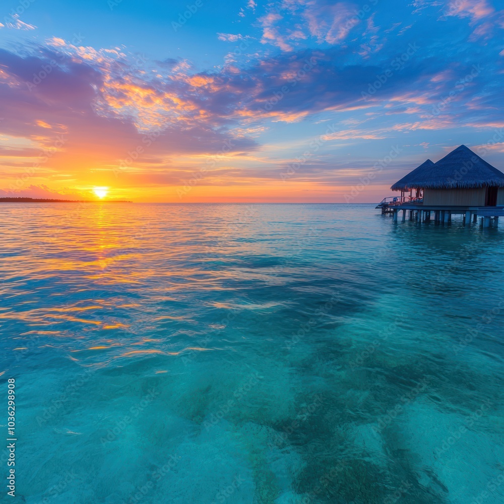A picturesque sunset over calm turquoise waters with a distant hut, creating a tranquil and idyllic coastal scene. A picturesque sunset over calm turquoise waters with a distant hut, creating a tranquil and idyllic coastal scene.