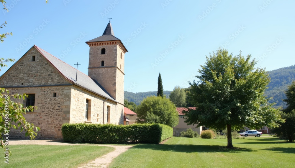 Tranquil church in a serene setting Tranquil church in a serene setting