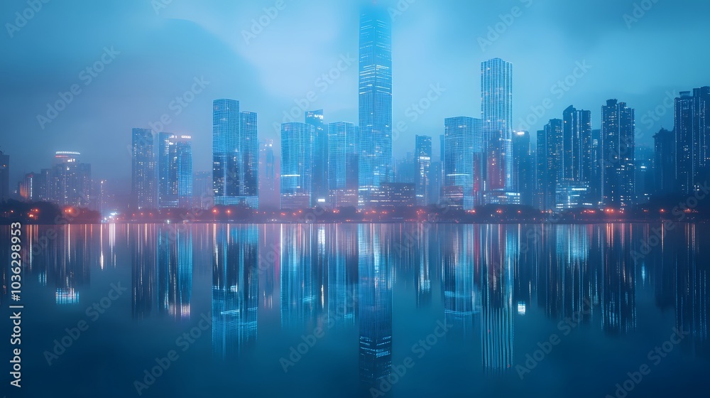 Xiamen blue tone skyline synthesized by particle lines. 