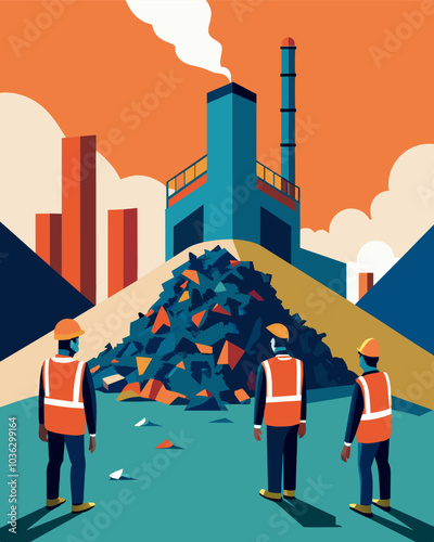 Huge piles of waste sit waiting to be processed by the wastetoenergy plant. While most people see it as garbage these workers see it as a valuable energy resource.. Vector illustration