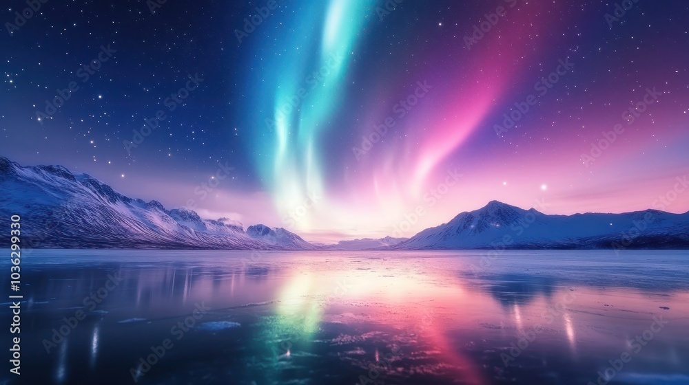 A stunning scene featuring vibrant auroras dancing over a serene lake, surrounded by snow-capped mountains under a starry sky illuminating a mesmerizing twilight. A stunning scene featuring vibrant auroras dancing over a serene lake, surrounded by snow-capped mountains under a starry sky illuminating a mesmerizing twilight.