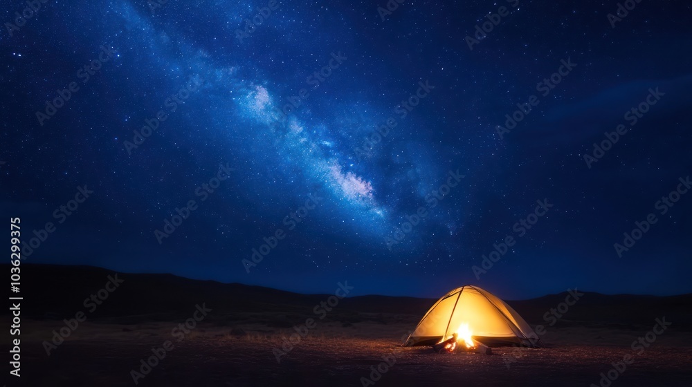 A serene camping scene under a starry night sky, featuring a glowing tent illuminated by a warm fire. A serene camping scene under a starry night sky, featuring a glowing tent illuminated by a warm fire.