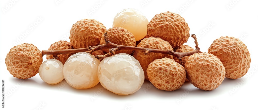 A ripe bunch of longan fruits with rough brown shells, some peeled to reveal juicy translucent pulp, isolated on a white background, highresolution detail A ripe bunch of longan fruits with rough brown shells, some peeled to reveal juicy translucent pulp, isolated on a white background, highresolution detail