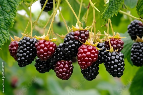 Blackberry vines (Rubus Fruticosus) laden with ripe fruit, the shiny black berries hanging from thick, tangled branches photo