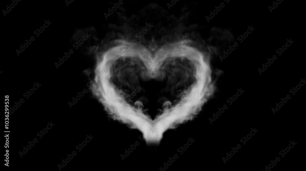 illustration of white smoke effect in the shape of a heart on a black screen background, as a symbol of deep love