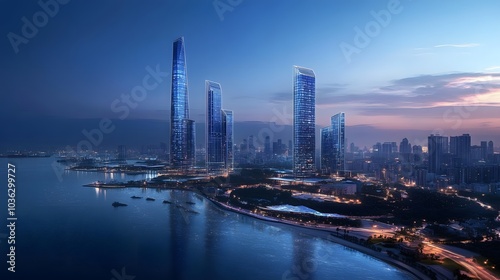 Xiamen blue tone skyline synthesized by particle lines. 