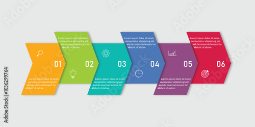 Business growth arrow template. Infographic 6 steps to success. Vector illustration.