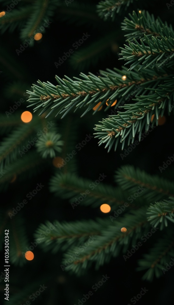 Pine tree branches background, dark green pine needles with twinkling fairy lights, natural and festive Pine tree branches background, dark green pine needles with twinkling fairy lights, natural and festive