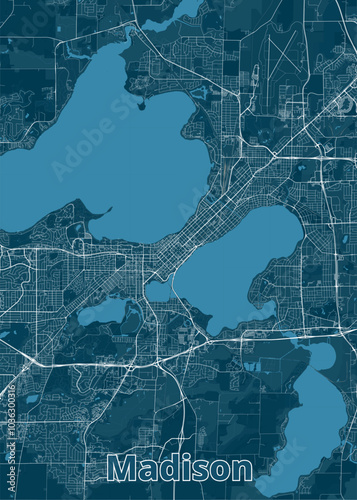 Map of Madison, Wisconsin, rendered in a minimalist style. The map is dominated by a deep blue color, representing water bodies, with white lines outlining the city's streets and roads.