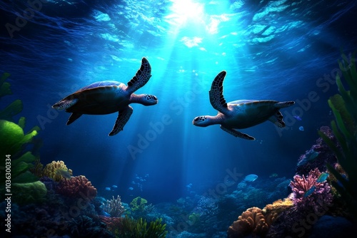 Environment, displayed in a clear tropical ocean scene with fish, sea turtles, and coral formations thriving underwater photo