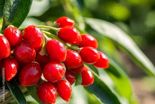 Goji Berry (Lycium Barbarum) plants heavy with bright red berries, growing in a sunny garden photo