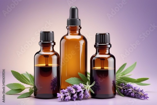 Peppermint oil bottles and lavender, horizontal composition 