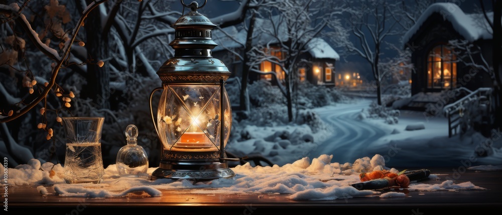 Snowy Scene with Lantern and Table Outside Snowy Scene with Lantern and Table Outside