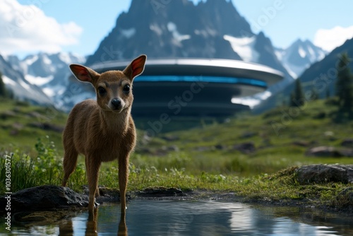 Nature, depicted in a futuristic landscape where wildlife, plants, and human technology coexist in an ecologically balanced environment