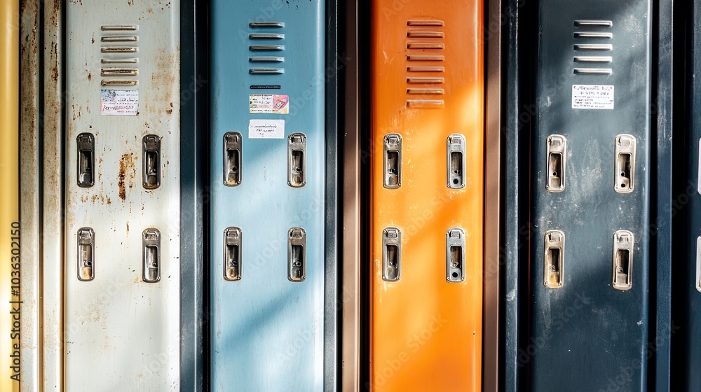 Row of colorful school lockers in a hallway. Row of colorful school lockers in a hallway.