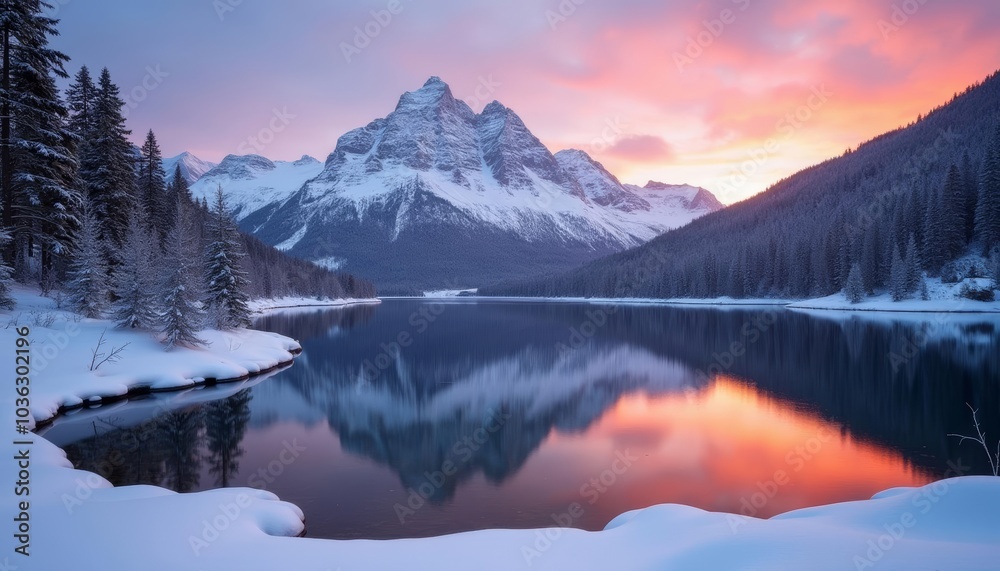 Serenity at sunrise A snowy mountains reflection in a serene lake Serenity at sunrise A snowy mountains reflection in a serene lake