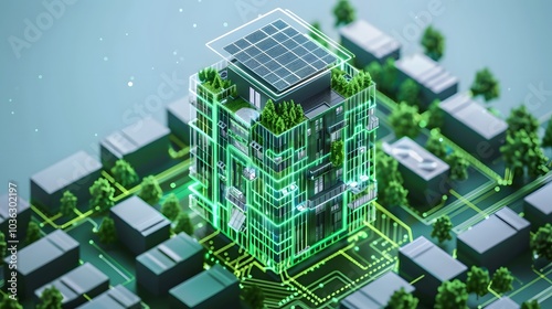 Design a blueprint for a smart building that uses green technology such as solar panels. rainwater harvesting and an AI-powered energy management system to reduce carbon dioxide emissions.