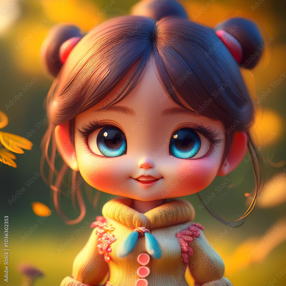 Adorable 3D doll with big eyes, rounded face, autumn colors, golden hour, and dreamy bokeh. Adorable 3D doll with big eyes, rounded face, autumn colors, golden hour, and dreamy bokeh.