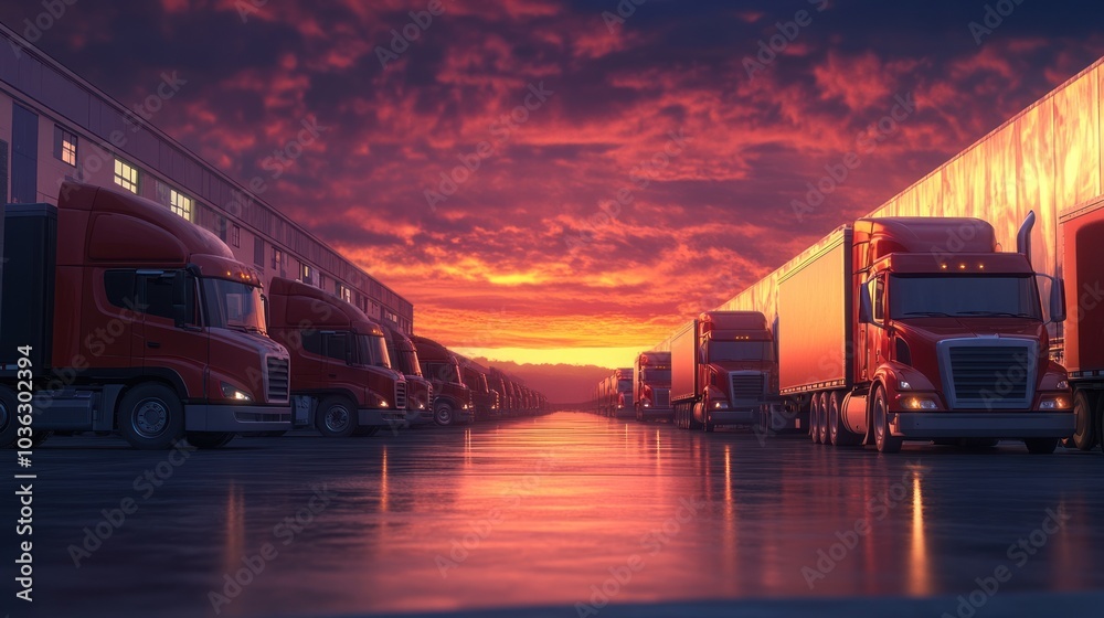 Trucks lined up at sunset Trucks lined up at sunset