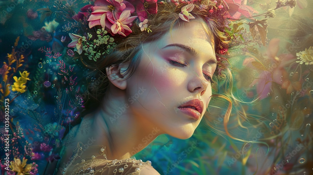 Dreamy Woman with Floral Crown in a Fantasy World Dreamy Woman with Floral Crown in a Fantasy World