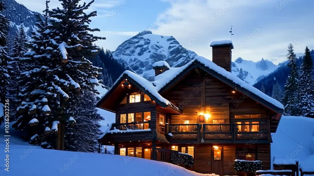 A cozy cabin in the mountains, nestled among snow-covered trees, with warm light glowing from the windows. A cozy cabin in the mountains, nestled among snow-covered trees, with warm light glowing from the windows.