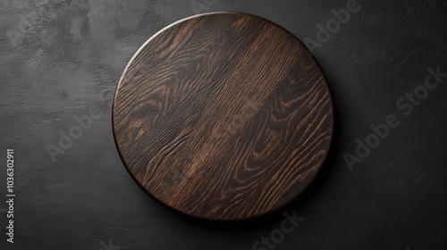 A round wooden cutting board sits on a dark concrete background.