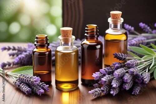 Peppermint oil bottles and lavender, horizontal composition