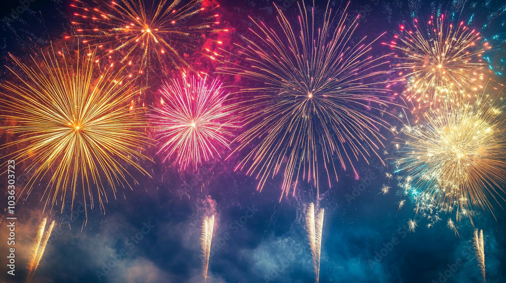 Fototapeta premium Colorful fireworks illuminate the night sky during a New Year's Eve celebration