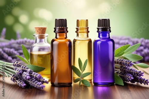 Peppermint oil bottles and lavender, horizontal composition