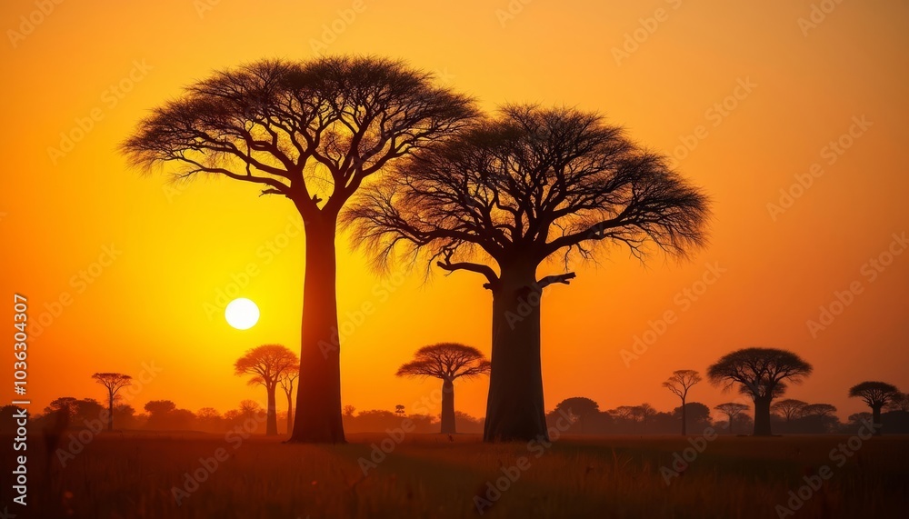 Sunset silhouettes of trees in savanna Sunset silhouettes of trees in savanna