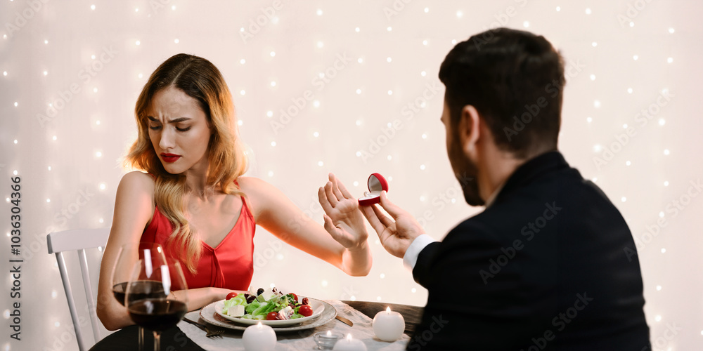 She Said No. Young Woman Refusing Marriage Proposal From Boyfriend, Gesturing Stop To Offered Engagement Ring On Date In Restaurant, Selective Focus She Said No. Young Woman Refusing Marriage Proposal From Boyfriend, Gesturing Stop To Offered Engagement Ring On Date In Restaurant, Selective Focus