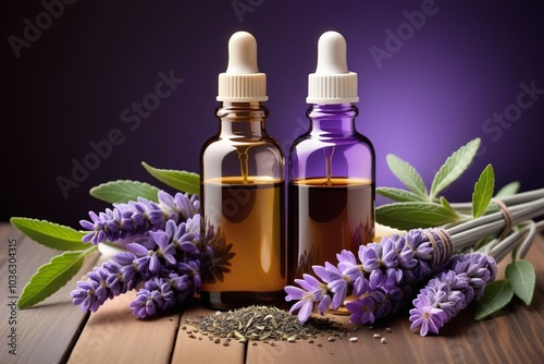 Peppermint oil bottles and lavender, horizontal composition