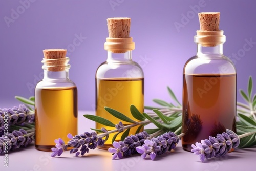 Peppermint oil bottles and lavender, horizontal composition