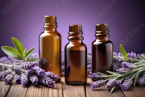 Peppermint oil bottles and lavender, horizontal composition