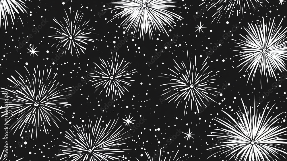 Fireworks illuminate the night sky celebrating New Year's Eve in a festive atmosphere Fireworks illuminate the night sky celebrating New Year's Eve in a festive atmosphere