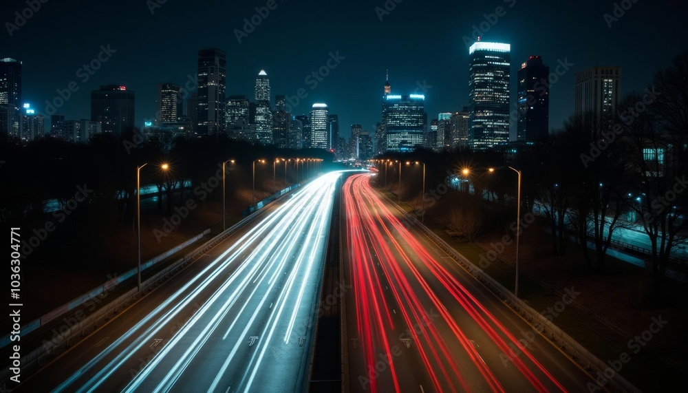 City lights at night illuminated highway with blurred motion City lights at night illuminated highway with blurred motion