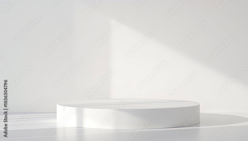 Minimalist white platform in a bright, spacious environment. Minimalist white platform in a bright, spacious environment.