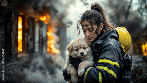 Close up of exhausted young female firefighter dirty with soot and sweat, holding a rescued puppy with relief, in front of a burning house. Animal emergency rescue, firewoman saves dog from fire photo