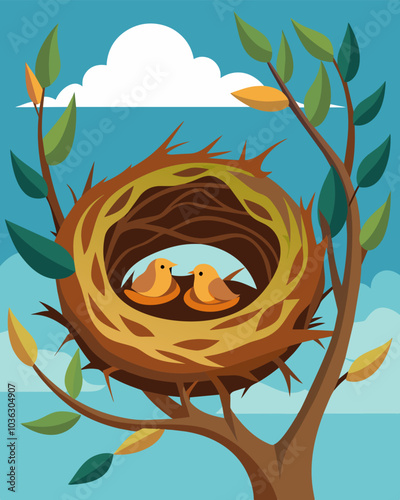 An empty birds nest in a tree its inhabitants disp due to habitat destruction.. Vector illustration