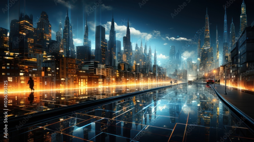 Fototapeta premium Futuristic Cityscape with Glowing Lights and Reflections