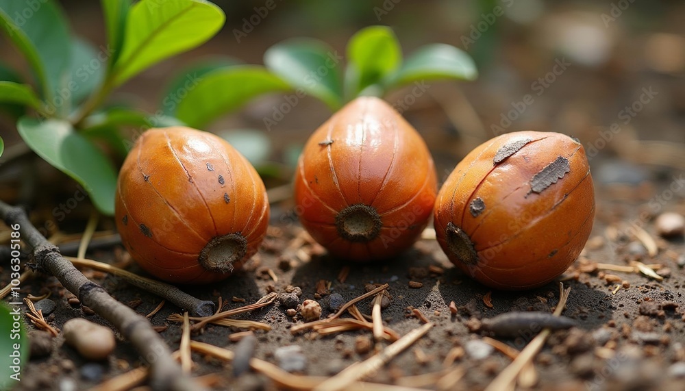 Natural beauty in the wild Three fresh unpeeled coconuts Natural beauty in the wild Three fresh unpeeled coconuts
