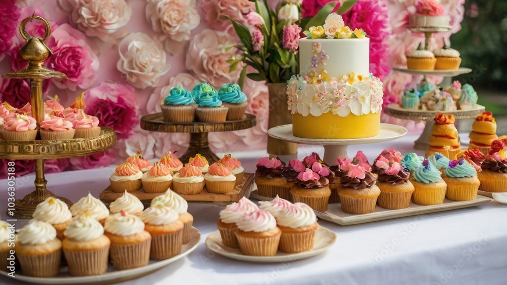 a table with colorful cupcakes and a cake with flowers on it a table with colorful cupcakes and a cake with flowers on it