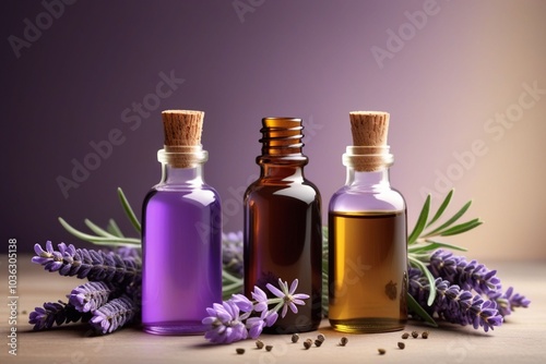 Peppermint oil bottles and lavender, horizontal composition