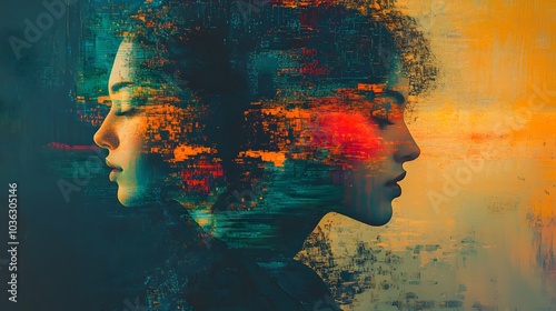 Portrait photography mixed with glitch effects creating surreal pixelated portraits