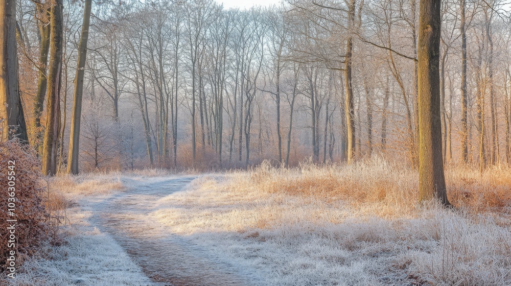 A tranquil pathway meanders through a frost-laden forest as the sun rises, casting a soft glow on the trees and surrounding vegetation, showcasing the beauty of winter's early light in nature. A tranquil pathway meanders through a frost-laden forest as the sun rises, casting a soft glow on the trees and surrounding vegetation, showcasing the beauty of winter's early light in nature.
