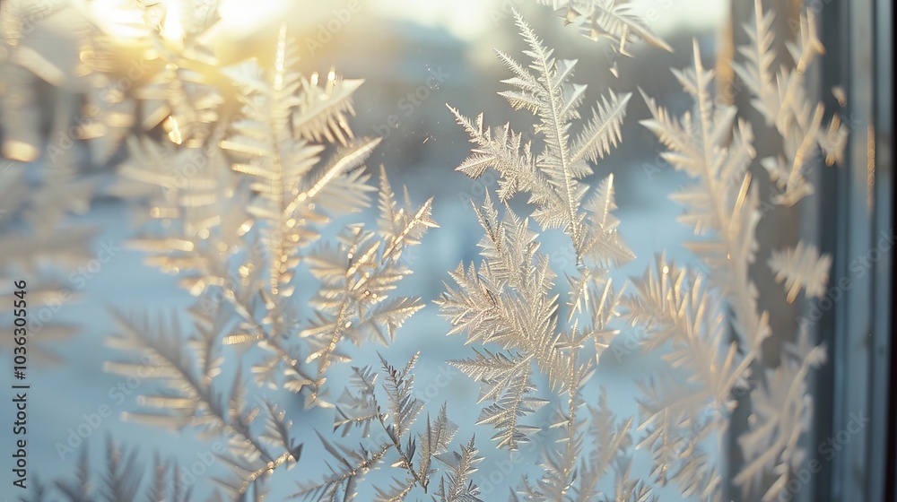 Delicate frost patterns on a window, captured in the early morning light Delicate frost patterns on a window, captured in the early morning light