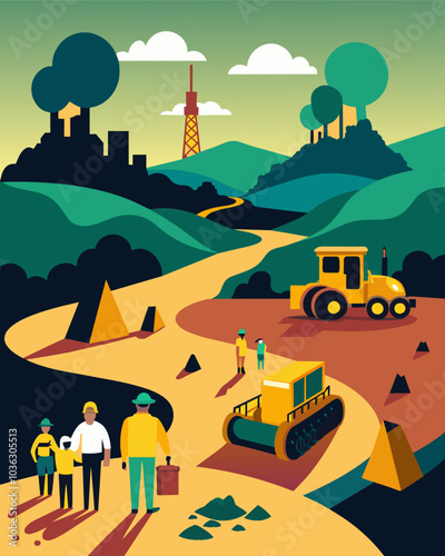 As bulldozers work to cover up a toxic waste site residents watch from a distance fearful of the longlasting effects it will have on their community.. Vector illustration